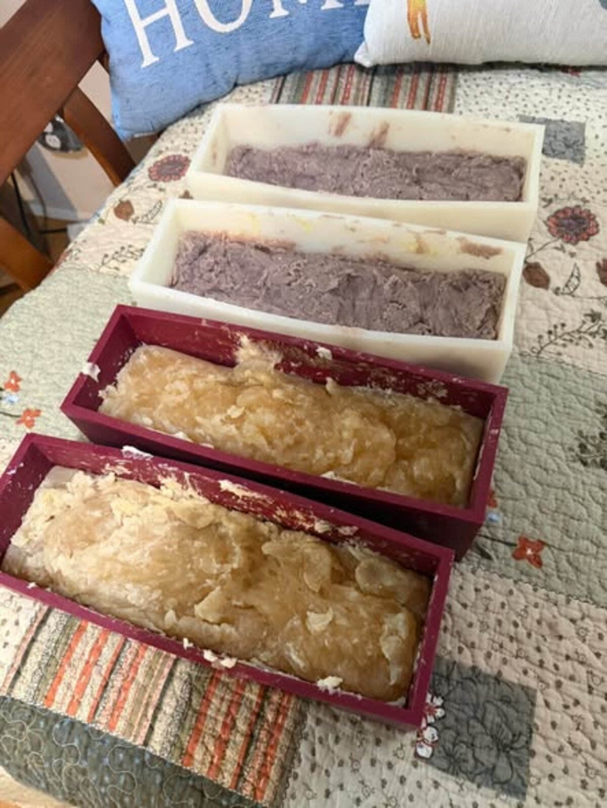 Pam Otts filling silicone molds with handmade soap at Widows Oil Ministry in Dublin, Georgia